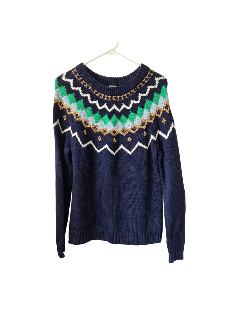 J.Crew Womens S Navy Fair Isle Sweater Metallic Accents Cotton Blend Holiday